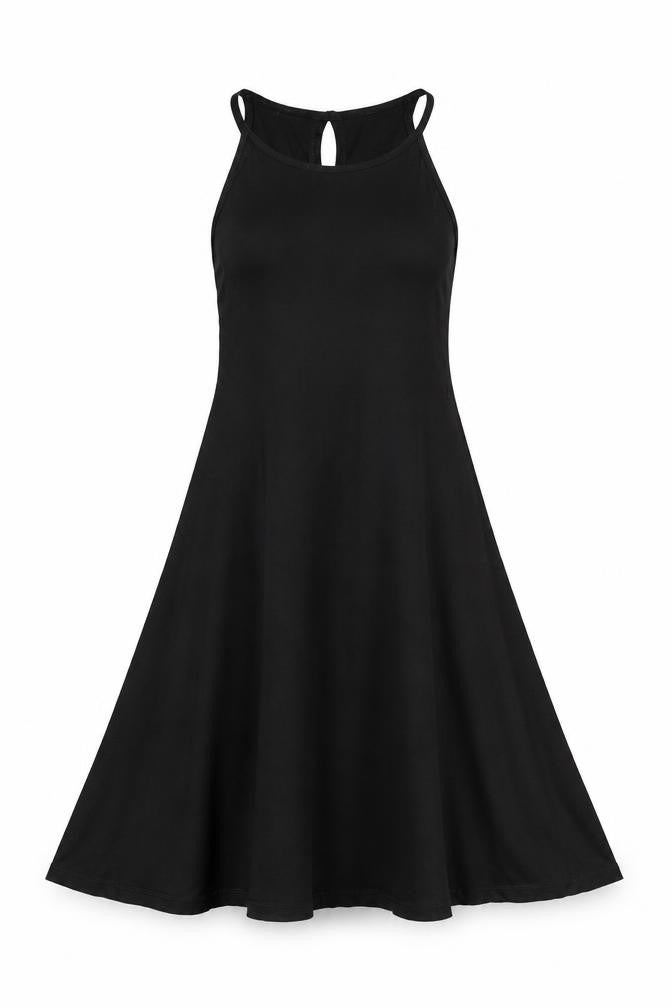Front view of ASOS women’s black viscose a-line, size UK 8, round neck button