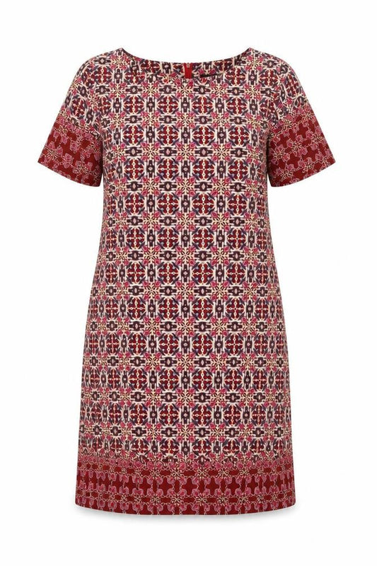 Front view of New Look women’s multicoloured geometric polyester shift, size UK 10, round neck zip