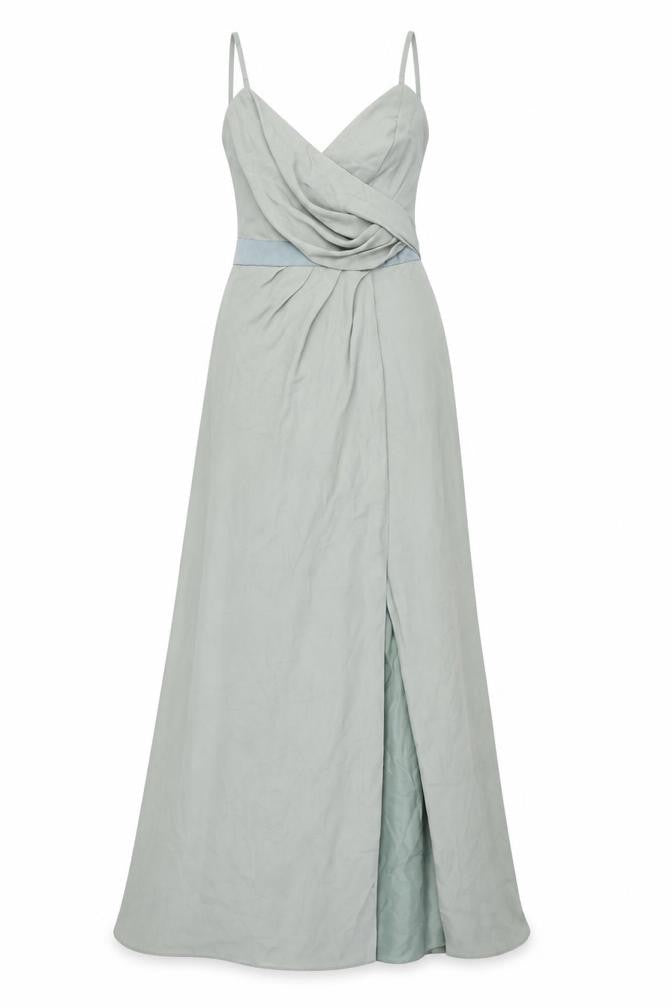 Front view of ASOS women’s green polyester ball gown, size UK 4, v-neck button