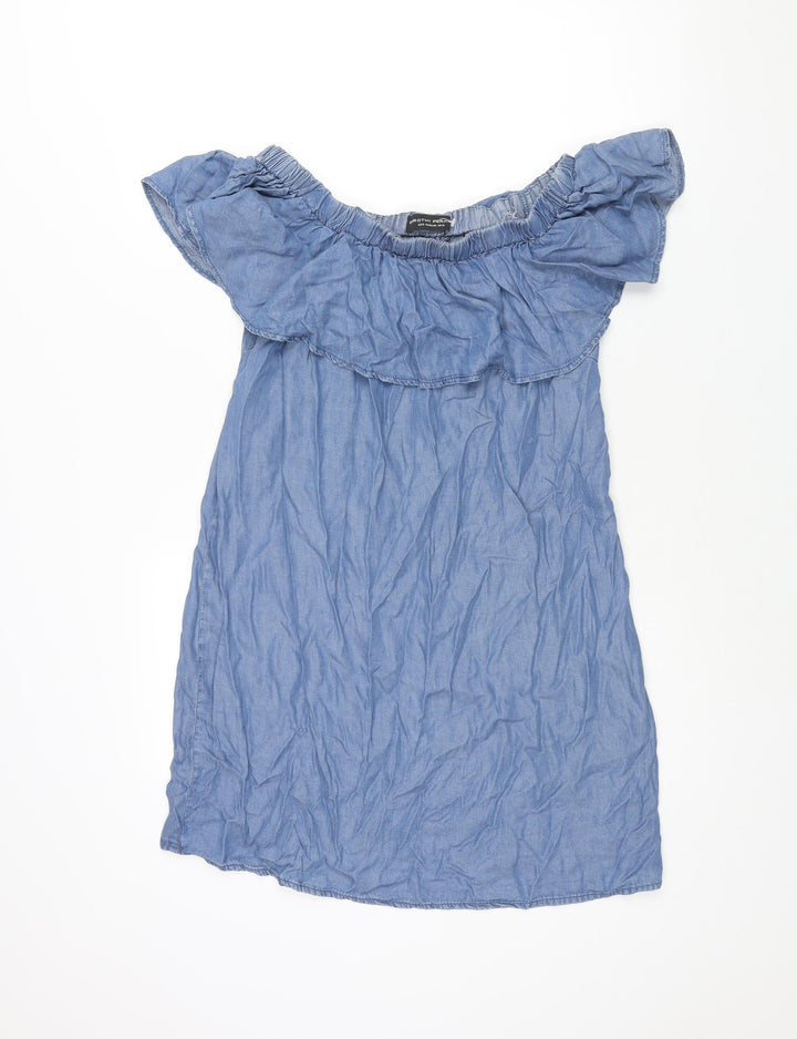 Dorothy Perkins Womens Blue Lyocell Shift Size 12 Off the Shoulder Pullover - Frill