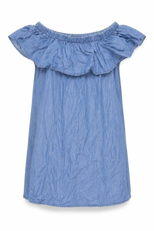 Front view of Dorothy Perkins women’s blue lyocell shift, size UK 12, off the shoulder pullover - frill
