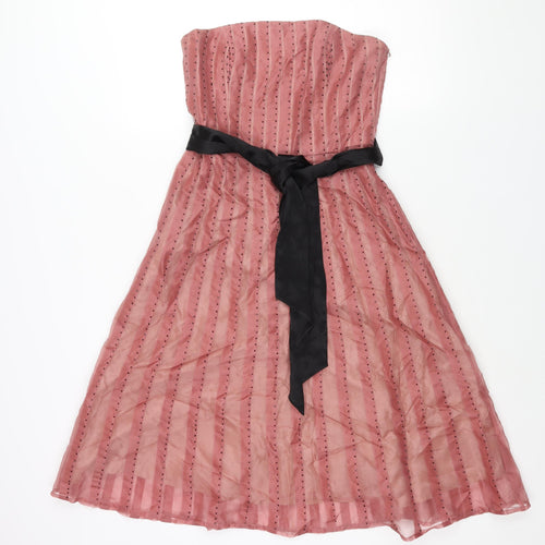 Coast Womens Pink Striped Silk A-Line Size 10 Square Neck Zip - Beading Belted