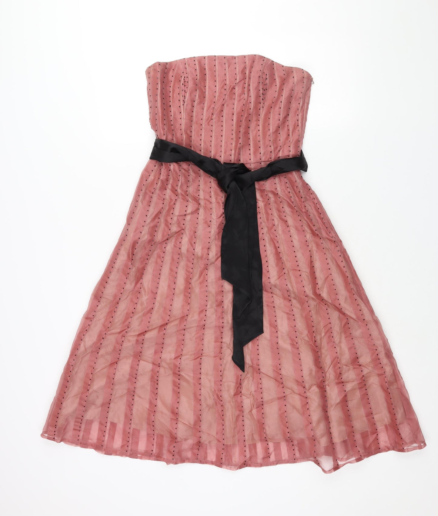 Coast Womens Pink Striped Silk A-Line Size 10 Square Neck Zip - Beading Belted