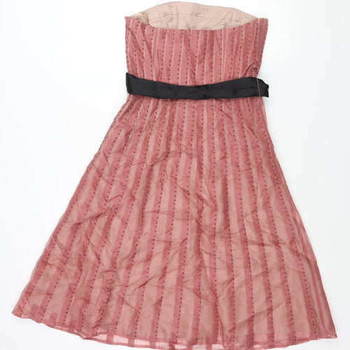 Coast Womens Pink Striped Silk A-Line Size 10 Square Neck Zip - Beading Belted