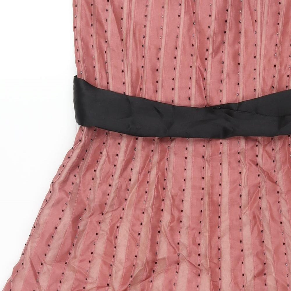 Coast Womens Pink Striped Silk A-Line Size 10 Square Neck Zip - Beading Belted