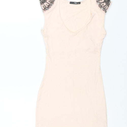 Jane Norman Womens Pink Viscose Mini Size 8 Round Neck Pullover - Beading Detail