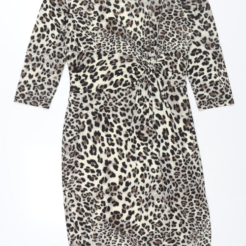 Montique Womens Beige Animal Print Polyester Pencil Dress Size 16 Round Neck Pullover - Twist Detail Leopard Print