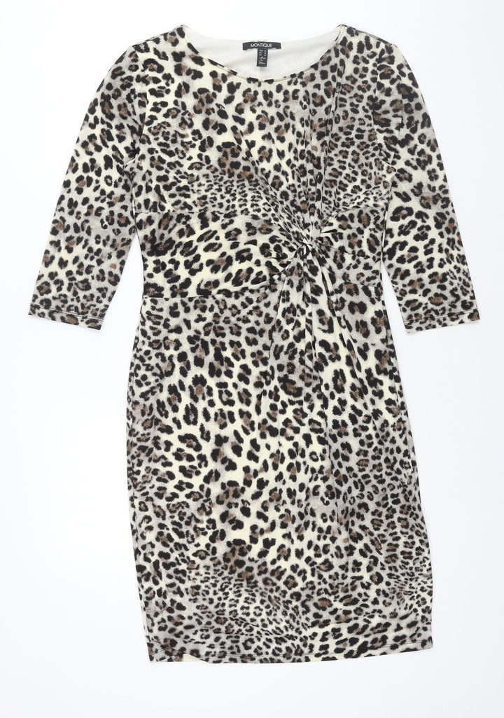 Montique Womens Beige Animal Print Polyester Pencil Dress Size 16 Round Neck Pullover - Twist Detail Leopard Print