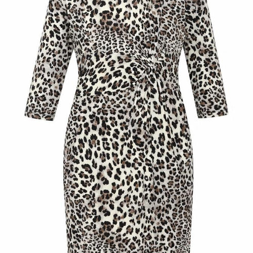 Montique Womens Beige Animal Print Polyester Pencil Dress Size 16 Round Neck Pullover - Twist Detail Leopard Print