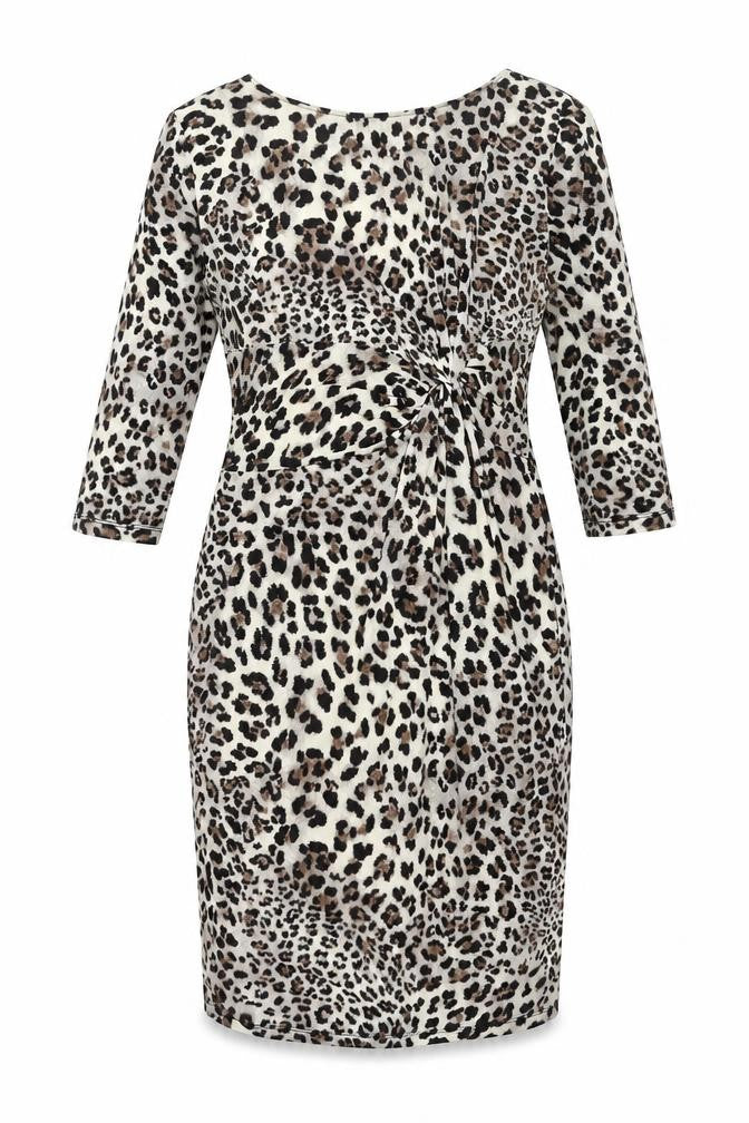Montique Womens Beige Animal Print Polyester Pencil Dress Size 16 Round Neck Pullover - Twist Detail Leopard Print