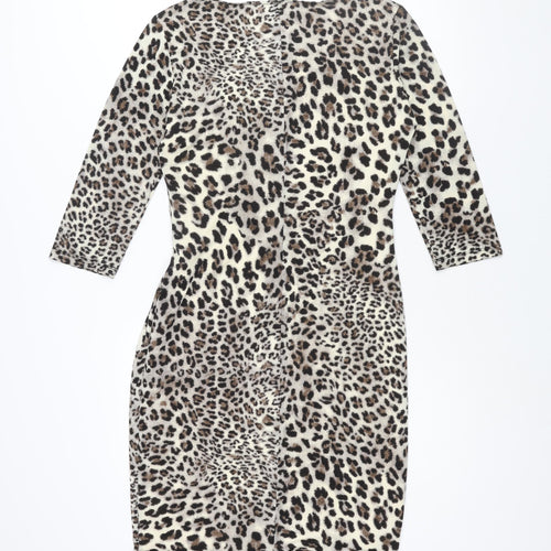 Montique Womens Beige Animal Print Polyester Pencil Dress Size 16 Round Neck Pullover - Twist Detail Leopard Print