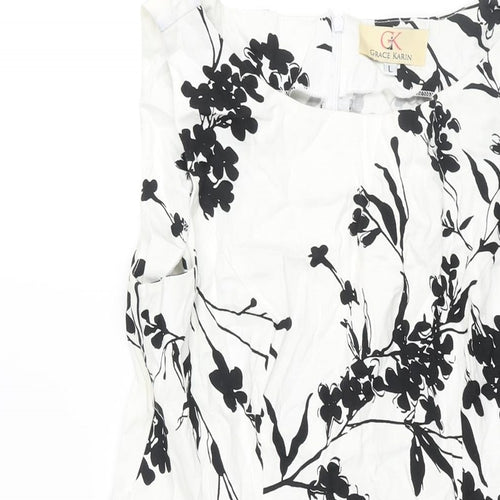 Grace Clarin Womens White Floral Polyester Fit & Flare Size L Round Neck Zip