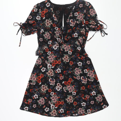 New Look Womens Black Floral Polyester A-Line Size 10 V-Neck Zip - Lace Trim Frill Bow