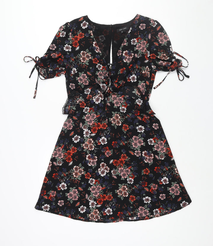 New Look Womens Black Floral Polyester A-Line Size 10 V-Neck Zip - Lace Trim Frill Bow