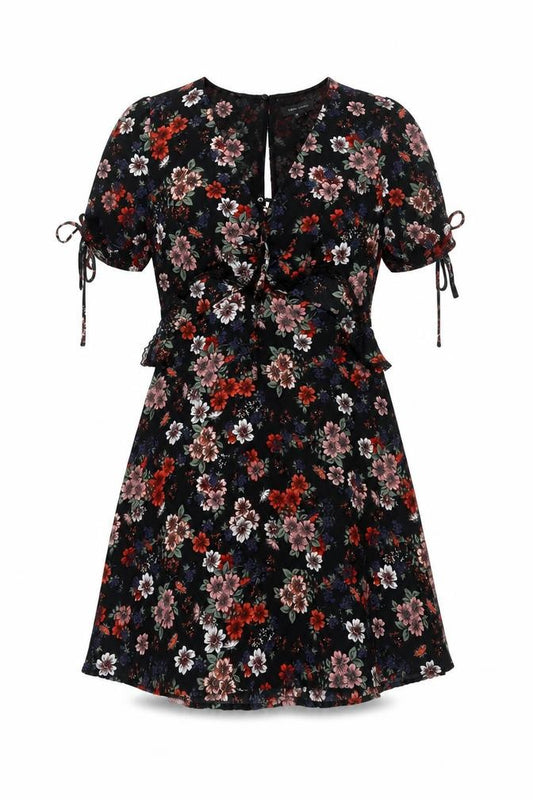 Front view of New Look women’s black floral polyester a-line, size UK 10, v-neck zip - lace trim frill bow