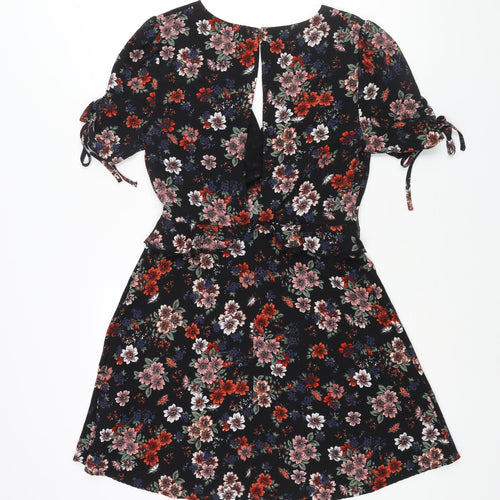 New Look Womens Black Floral Polyester A-Line Size 10 V-Neck Zip - Lace Trim Frill Bow