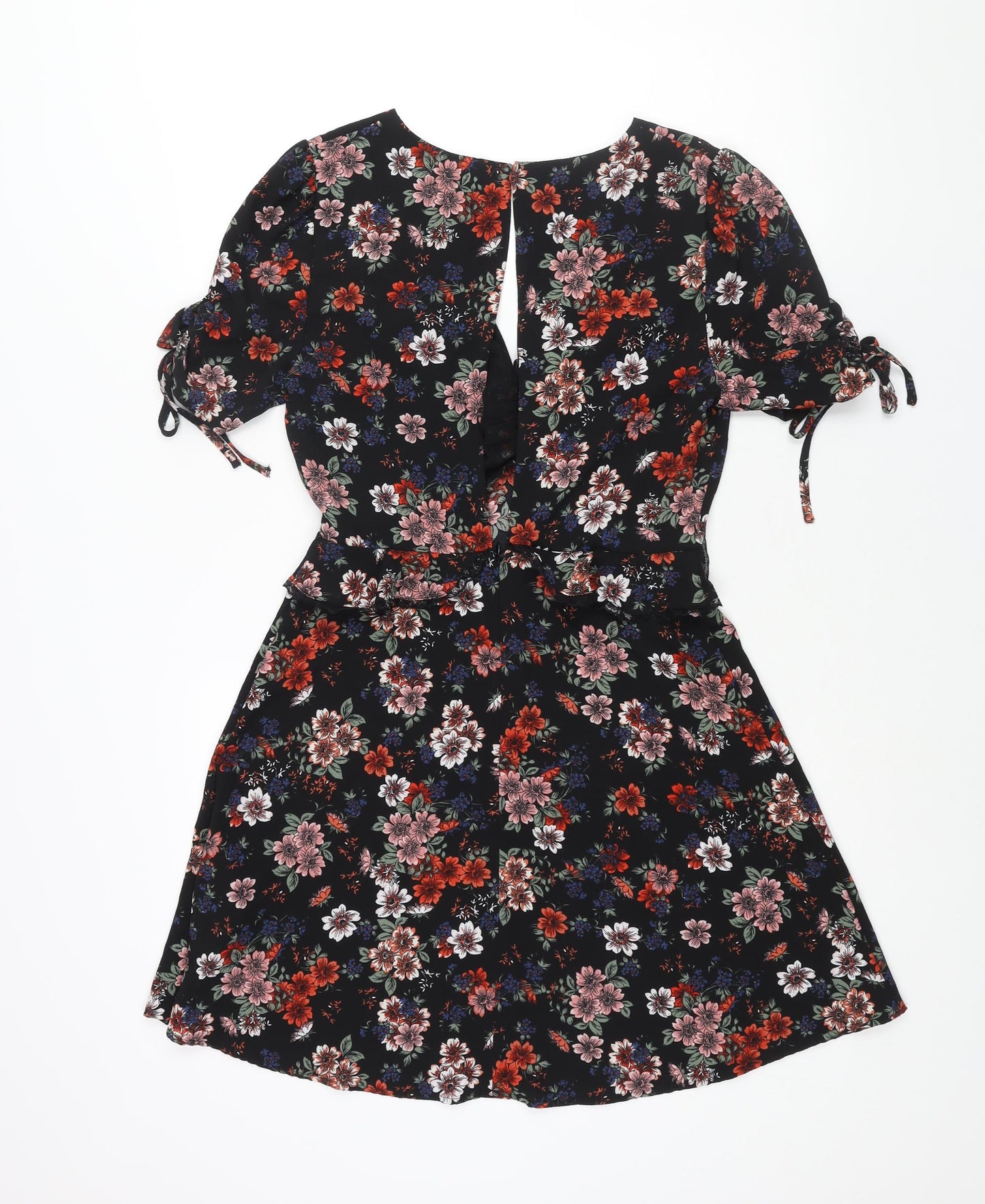 New Look Womens Black Floral Polyester A-Line Size 10 V-Neck Zip - Lace Trim Frill Bow