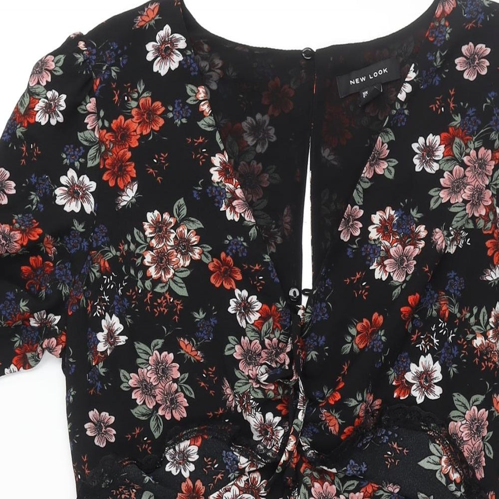 New Look Womens Black Floral Polyester A-Line Size 10 V-Neck Zip - Lace Trim Frill Bow