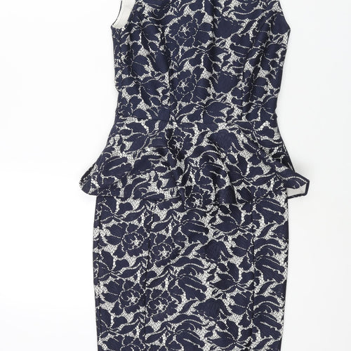 Warehouse Womens Blue Floral Polyester Pencil Dress Size 6 Round Neck Zip - Peplum