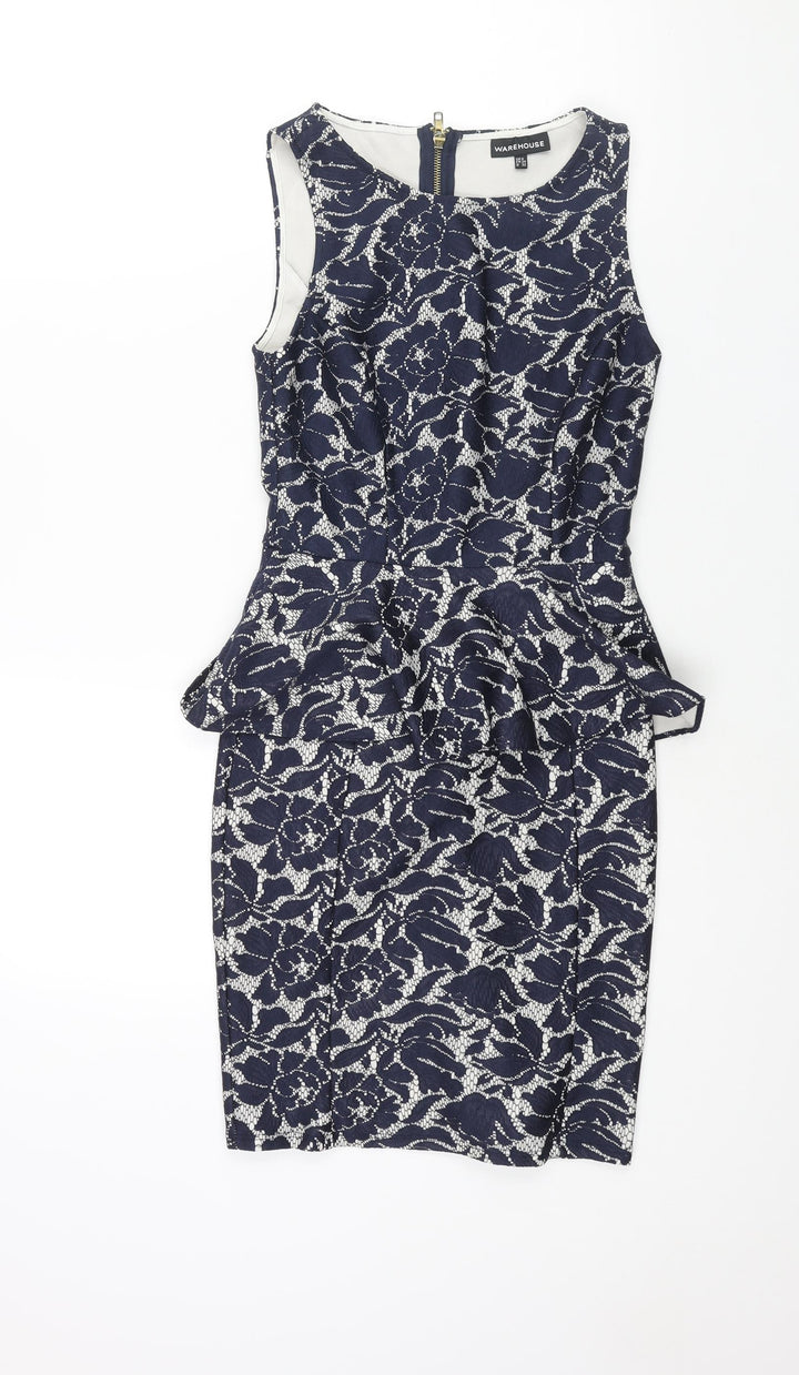 Warehouse Womens Blue Floral Polyester Pencil Dress Size 6 Round Neck Zip - Peplum
