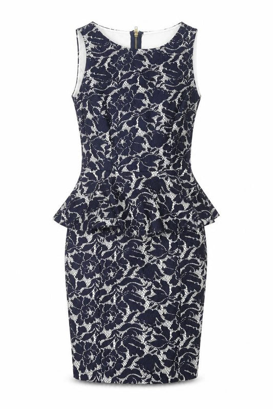 Front view of Warehouse women’s blue floral polyester pencil dress, size UK 6, round neck zip - peplum