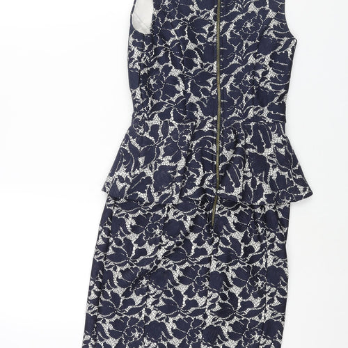 Warehouse Womens Blue Floral Polyester Pencil Dress Size 6 Round Neck Zip - Peplum