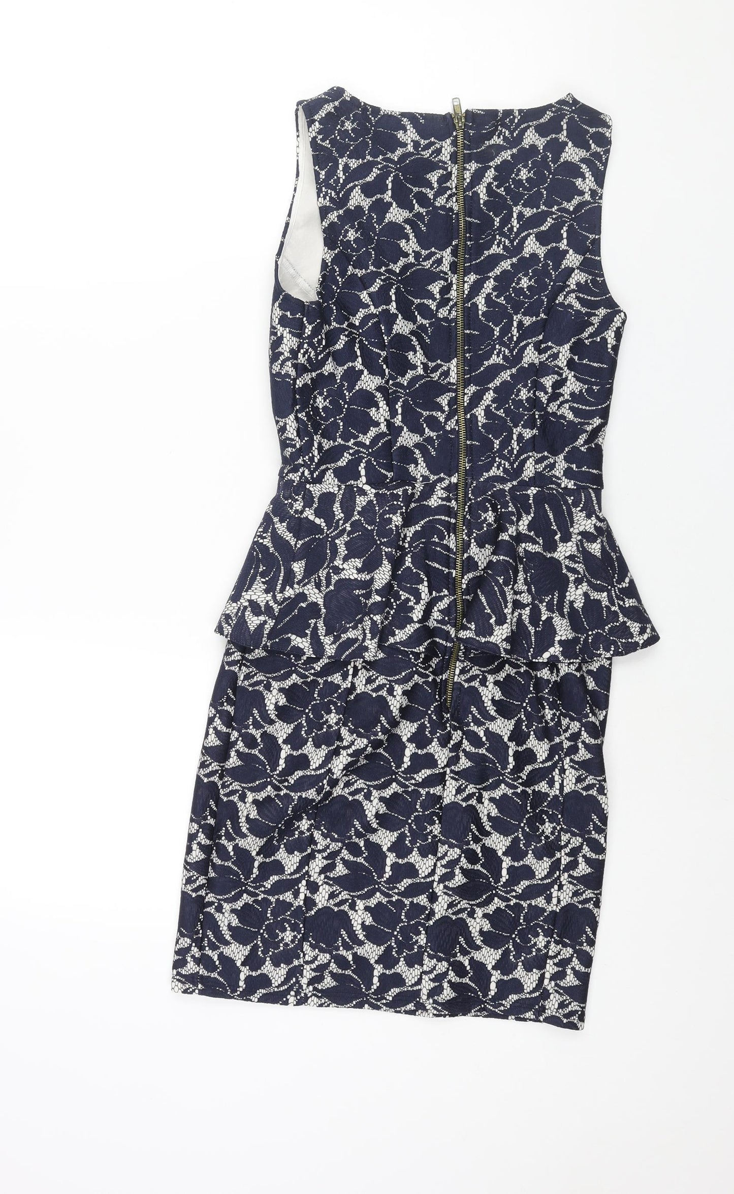 Warehouse Womens Blue Floral Polyester Pencil Dress Size 6 Round Neck Zip - Peplum