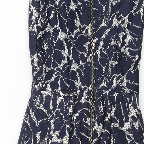Warehouse Womens Blue Floral Polyester Pencil Dress Size 6 Round Neck Zip - Peplum