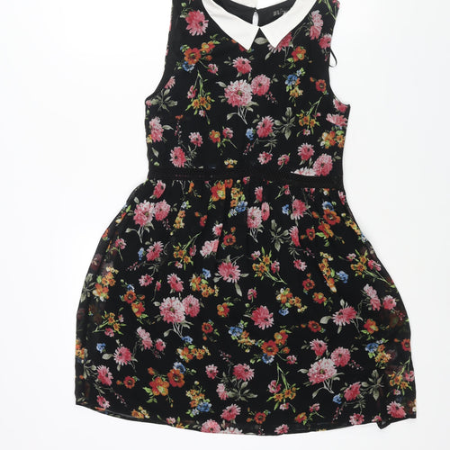Zara Womens Black Floral Polyester A-Line Size M Collared Zip