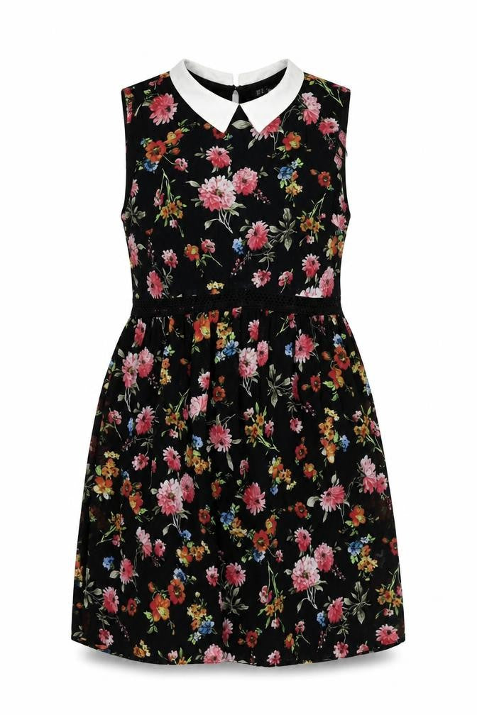 Front view of Zara women’s black floral polyester a-line, size M, collared zip