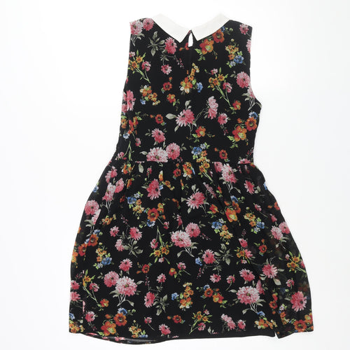Zara Womens Black Floral Polyester A-Line Size M Collared Zip