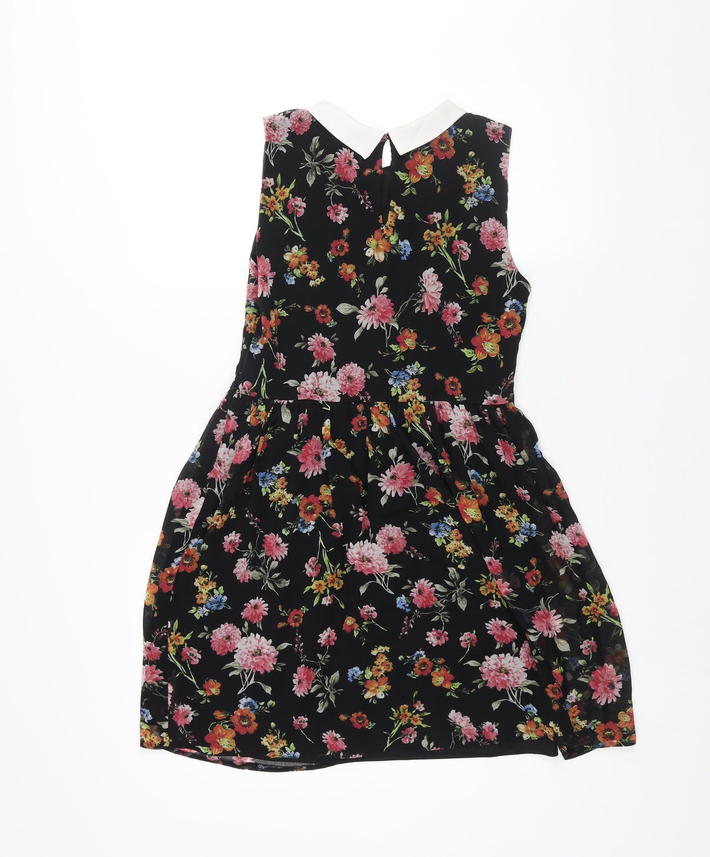 Zara Womens Black Floral Polyester A-Line Size M Collared Zip