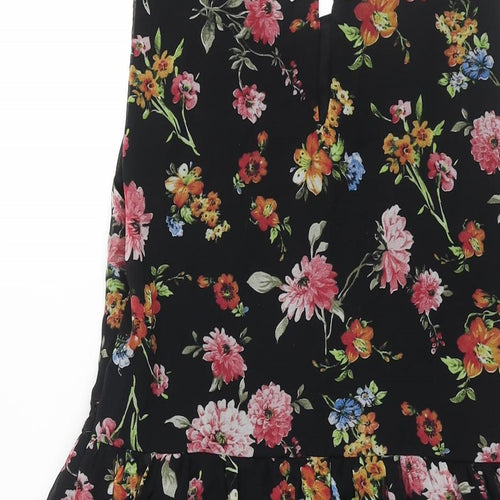 Zara Womens Black Floral Polyester A-Line Size M Collared Zip