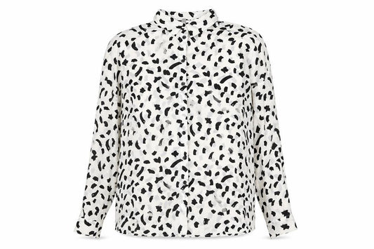 Front view of ASOS women’s white geometric polyester basic button-up, size UK 14, collared