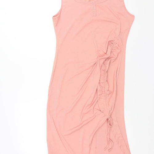 Yozy Womens Pink Polyester Shift Size XL Scoop Neck Button - Drawstring Detail