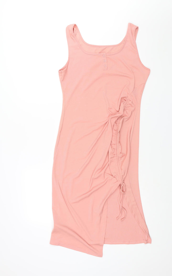 Yozy Womens Pink Polyester Shift Size XL Scoop Neck Button - Drawstring Detail