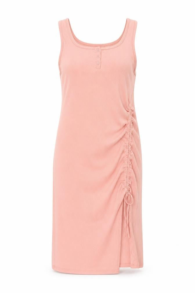 Front view of Yozy women’s pink polyester shift, size XL, scoop neck button - drawstring detail
