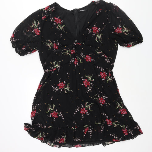 Boohoo Womens Black Floral Polyester A-Line Size 18 V-Neck Zip - Frill Button Detail
