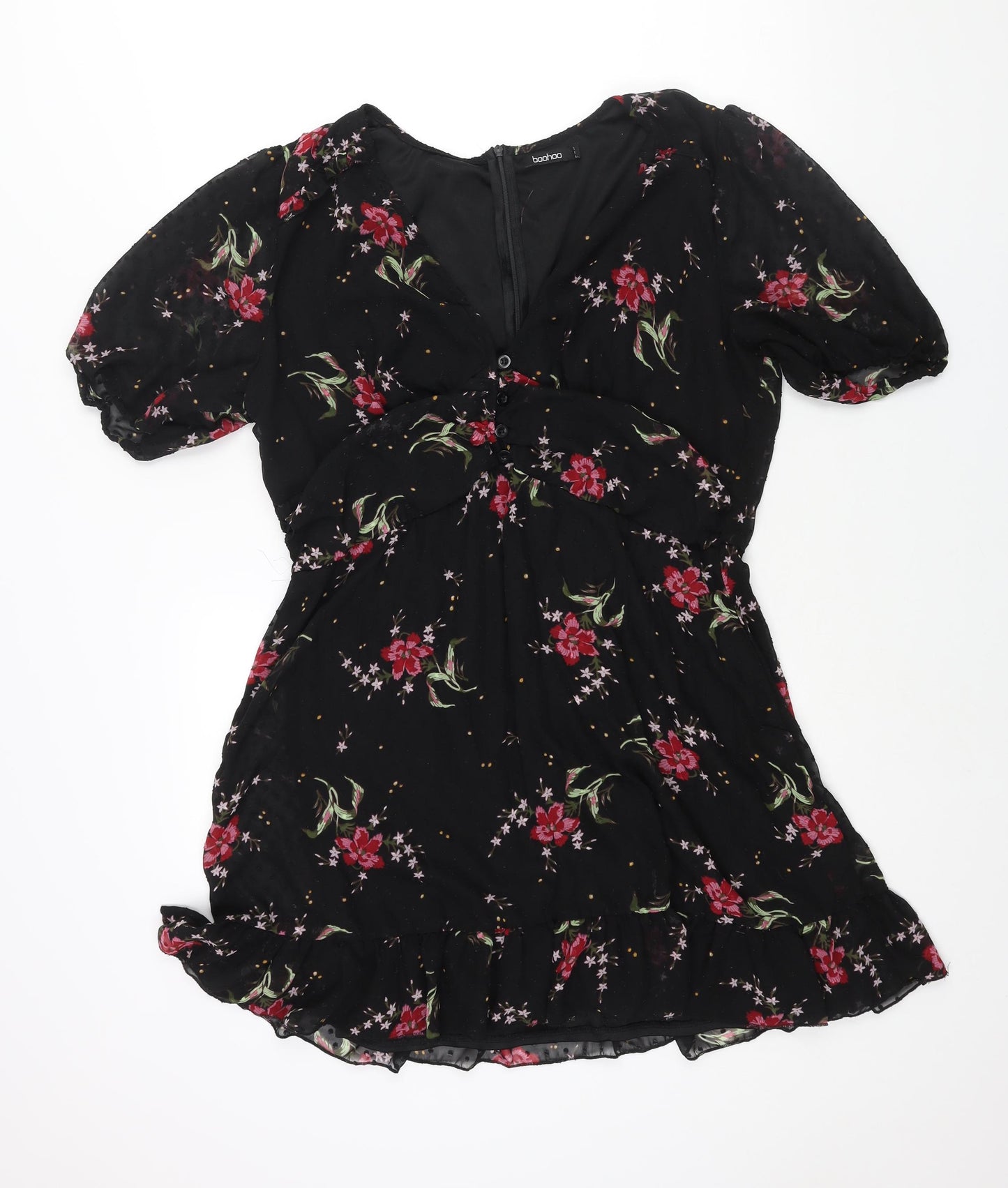 Boohoo Womens Black Floral Polyester A-Line Size 18 V-Neck Zip - Frill Button Detail