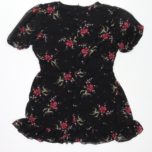 Boohoo Womens Black Floral Polyester A-Line Size 18 V-Neck Zip - Frill Button Detail