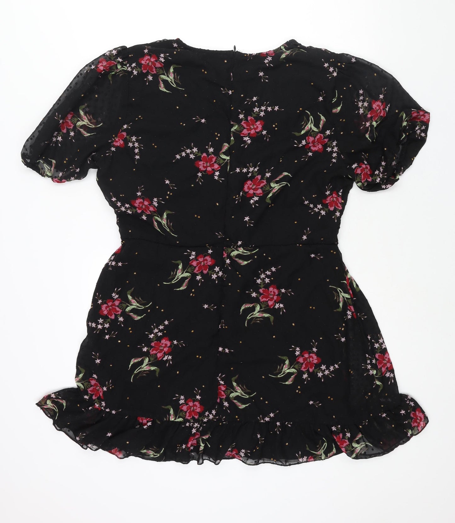 Boohoo Womens Black Floral Polyester A-Line Size 18 V-Neck Zip - Frill Button Detail