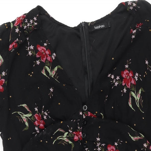 Boohoo Womens Black Floral Polyester A-Line Size 18 V-Neck Zip - Frill Button Detail