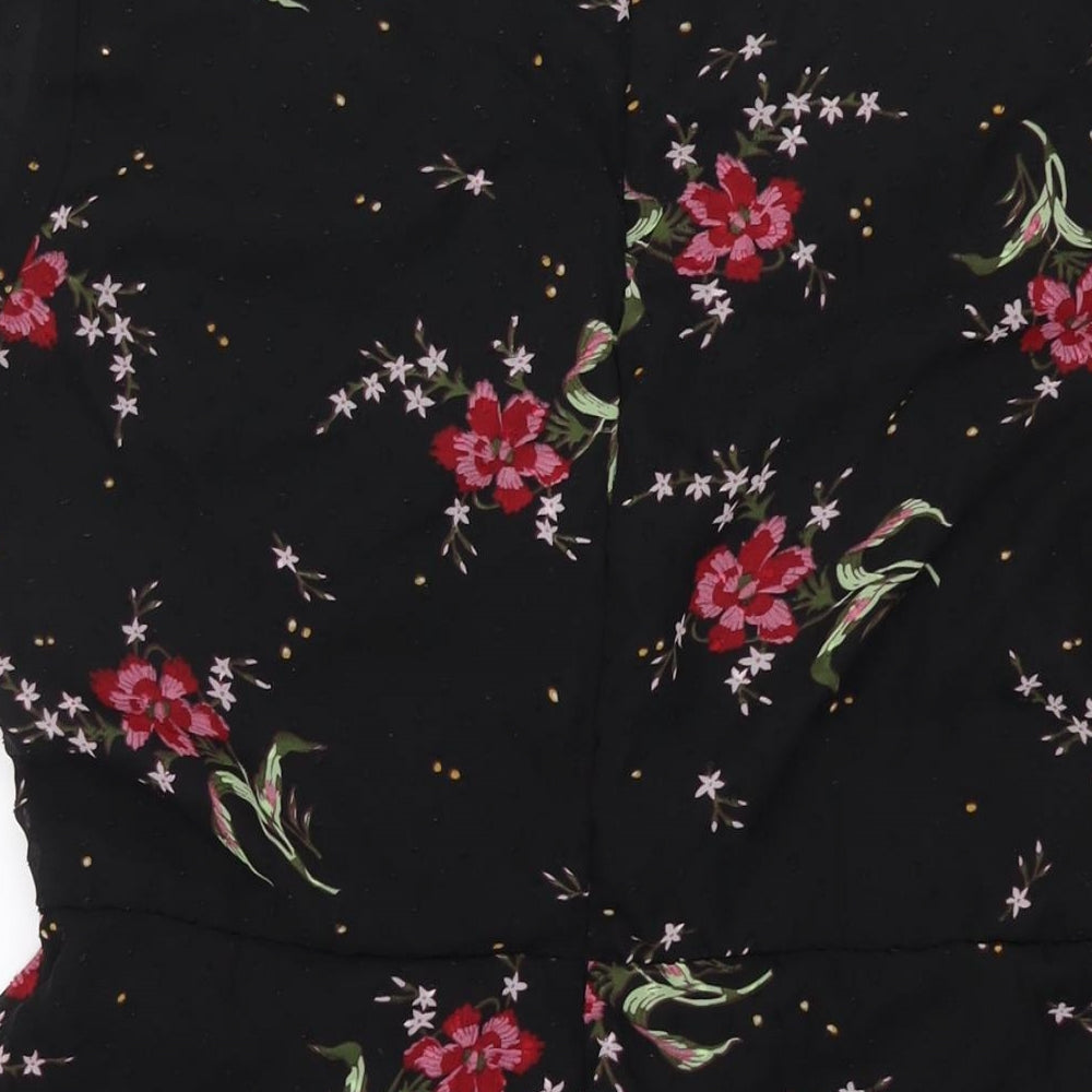 Boohoo Womens Black Floral Polyester A-Line Size 18 V-Neck Zip - Frill Button Detail
