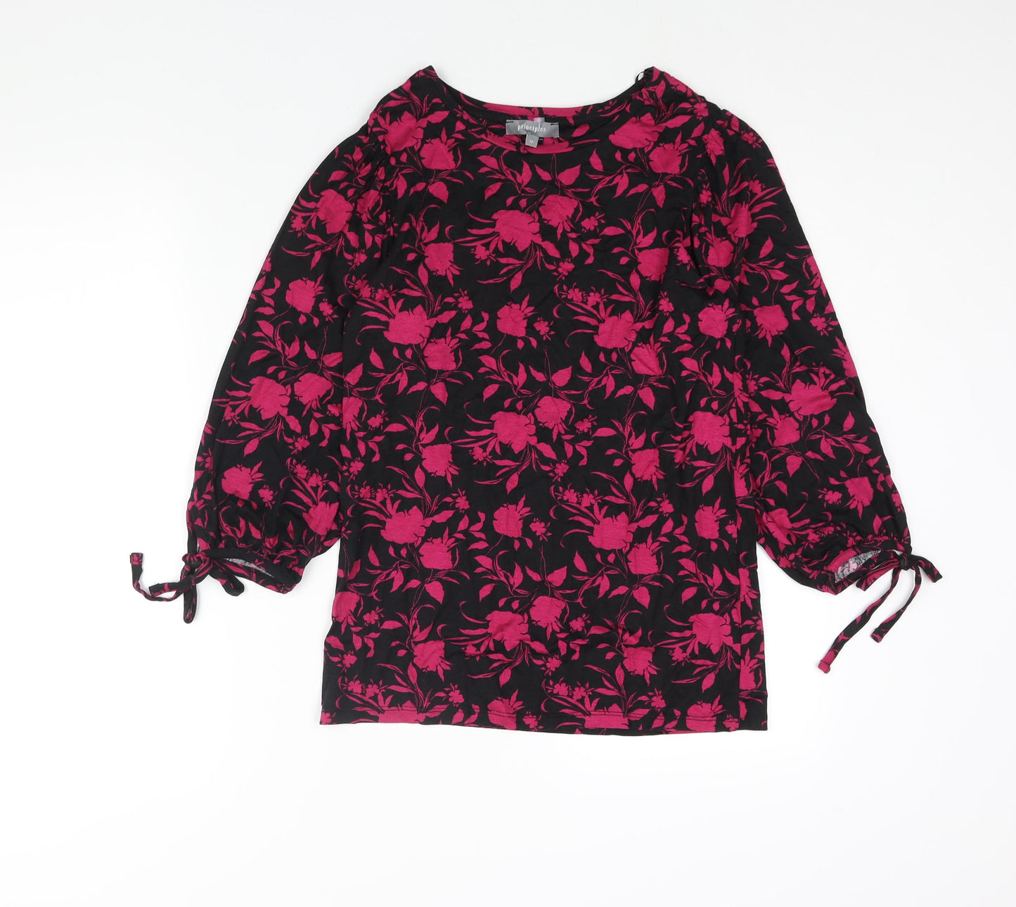 Principles Womens Pink Floral Viscose Basic Blouse Size 12 Round Neck - Bow Detail
