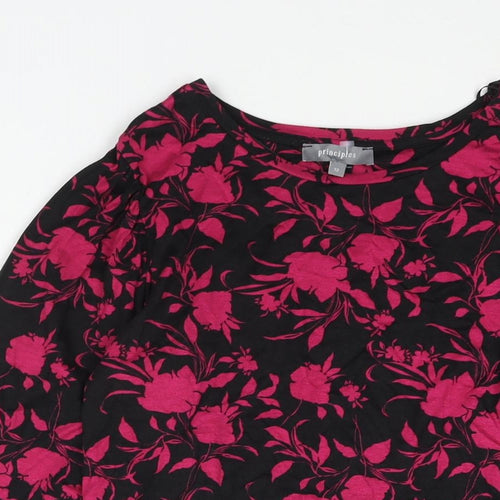 Principles Womens Pink Floral Viscose Basic Blouse Size 12 Round Neck - Bow Detail
