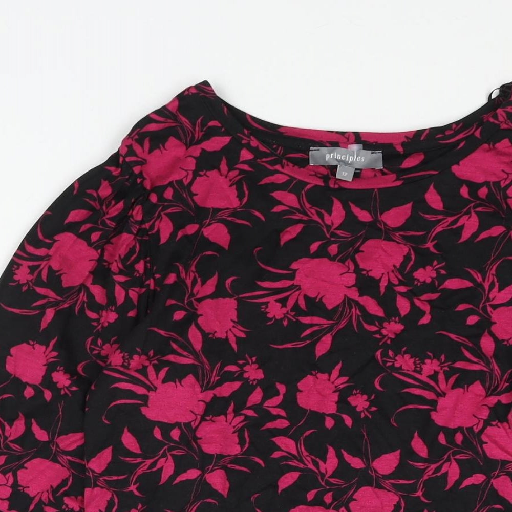 Principles Womens Pink Floral Viscose Basic Blouse Size 12 Round Neck - Bow Detail