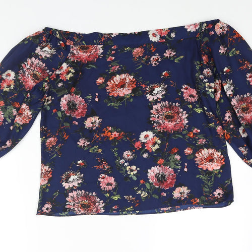 Warehouse Womens Blue Floral Polyester Basic Blouse Size 12 Off the Shoulder