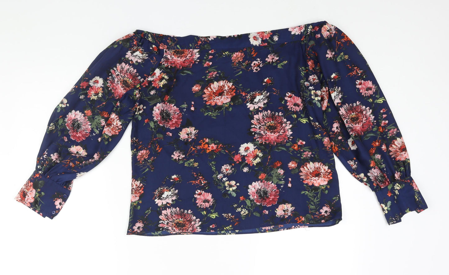 Warehouse Womens Blue Floral Polyester Basic Blouse Size 12 Off the Shoulder
