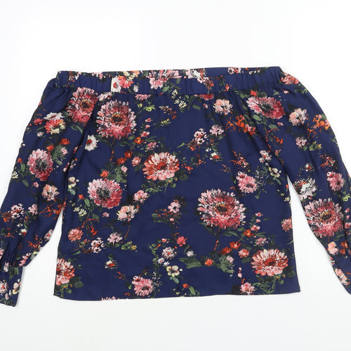 Warehouse Womens Blue Floral Polyester Basic Blouse Size 12 Off the Shoulder