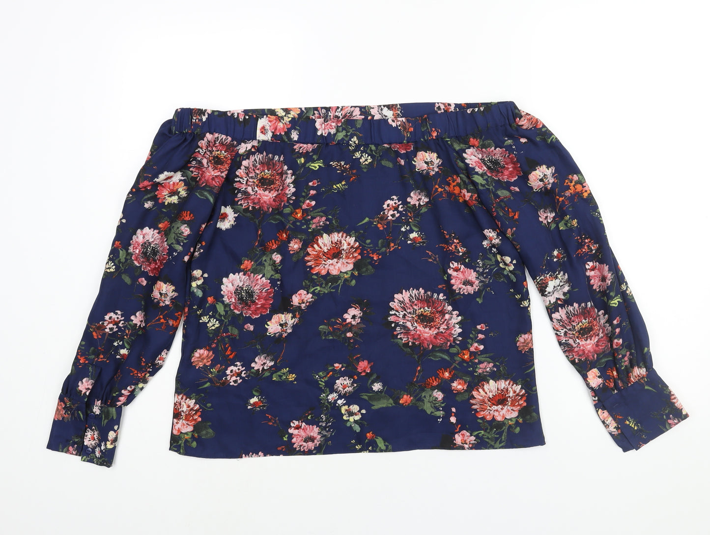 Warehouse Womens Blue Floral Polyester Basic Blouse Size 12 Off the Shoulder